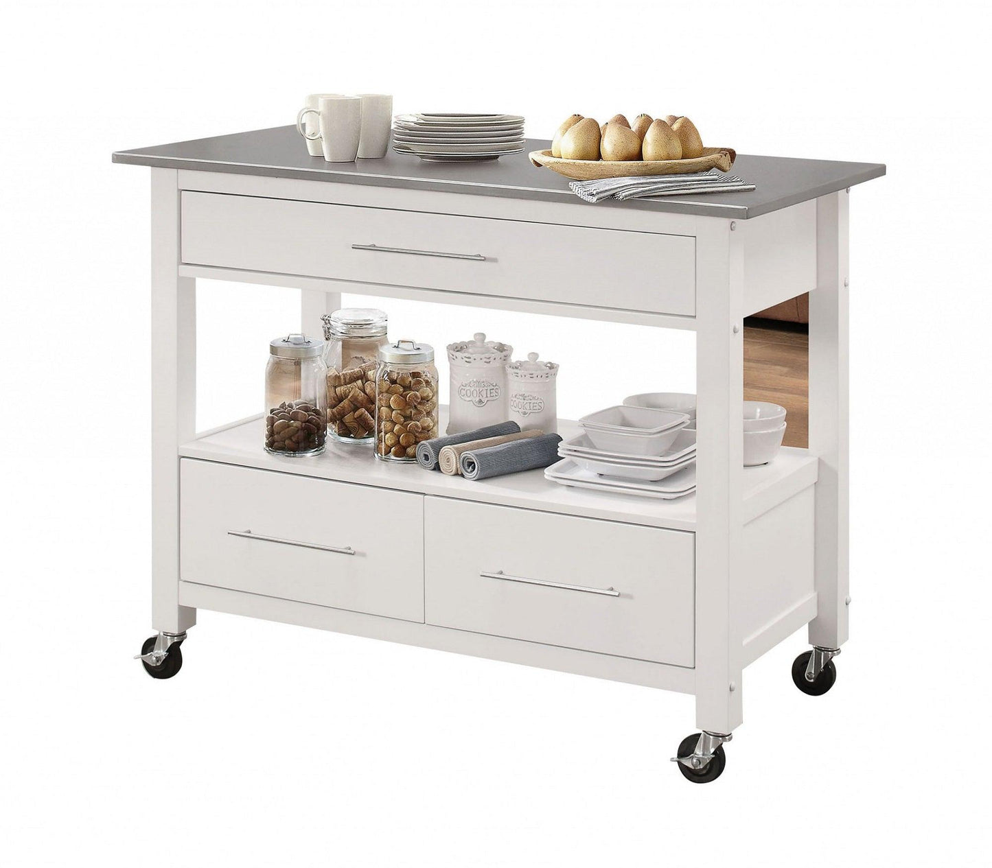 White and Stainless Rolling Kitchen Island or Bar Cart - AFS