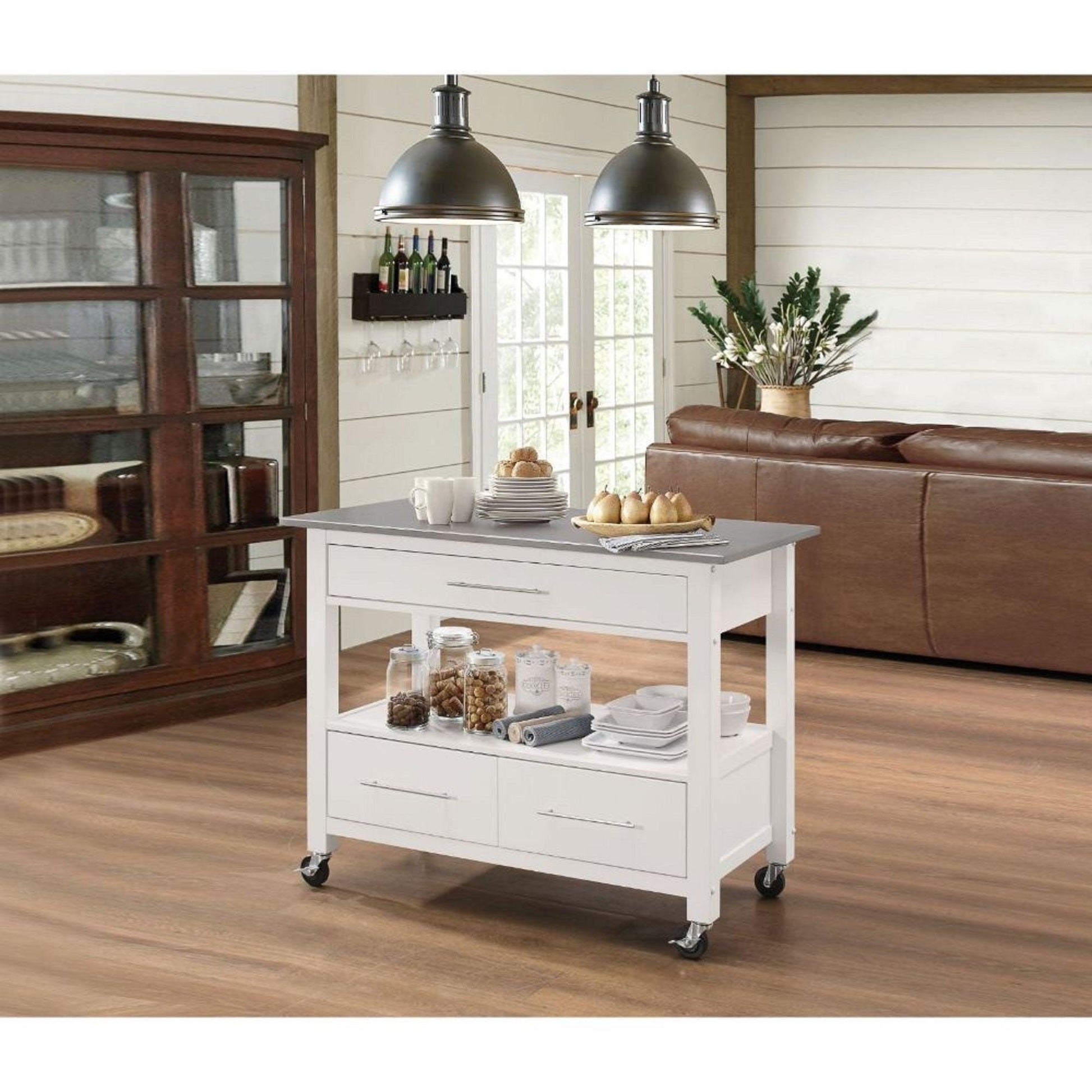 White and Stainless Rolling Kitchen Island or Bar Cart - AFS