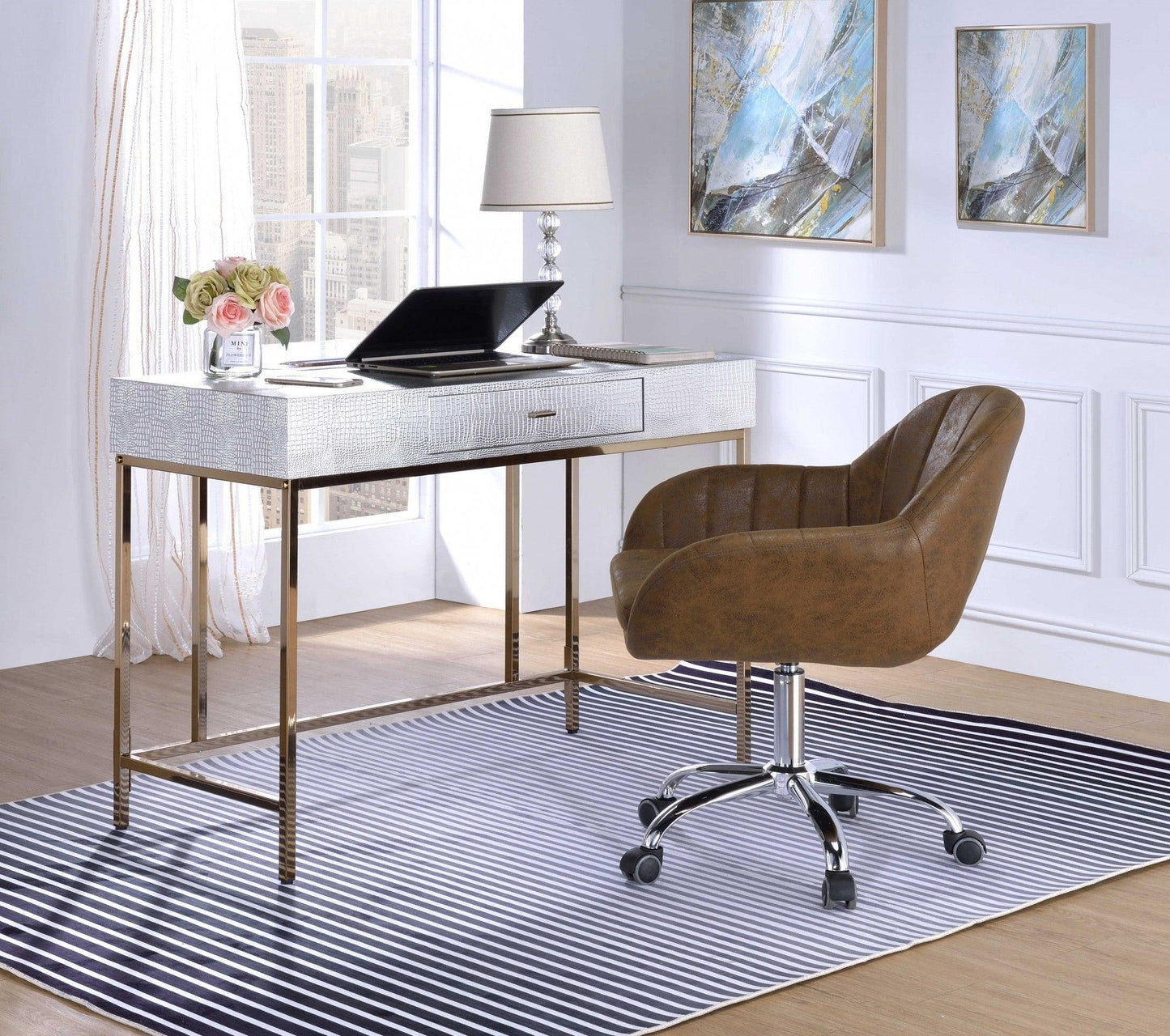 43" X 19" X 32" Champagne And Silver Metal Tube Desk - AFS