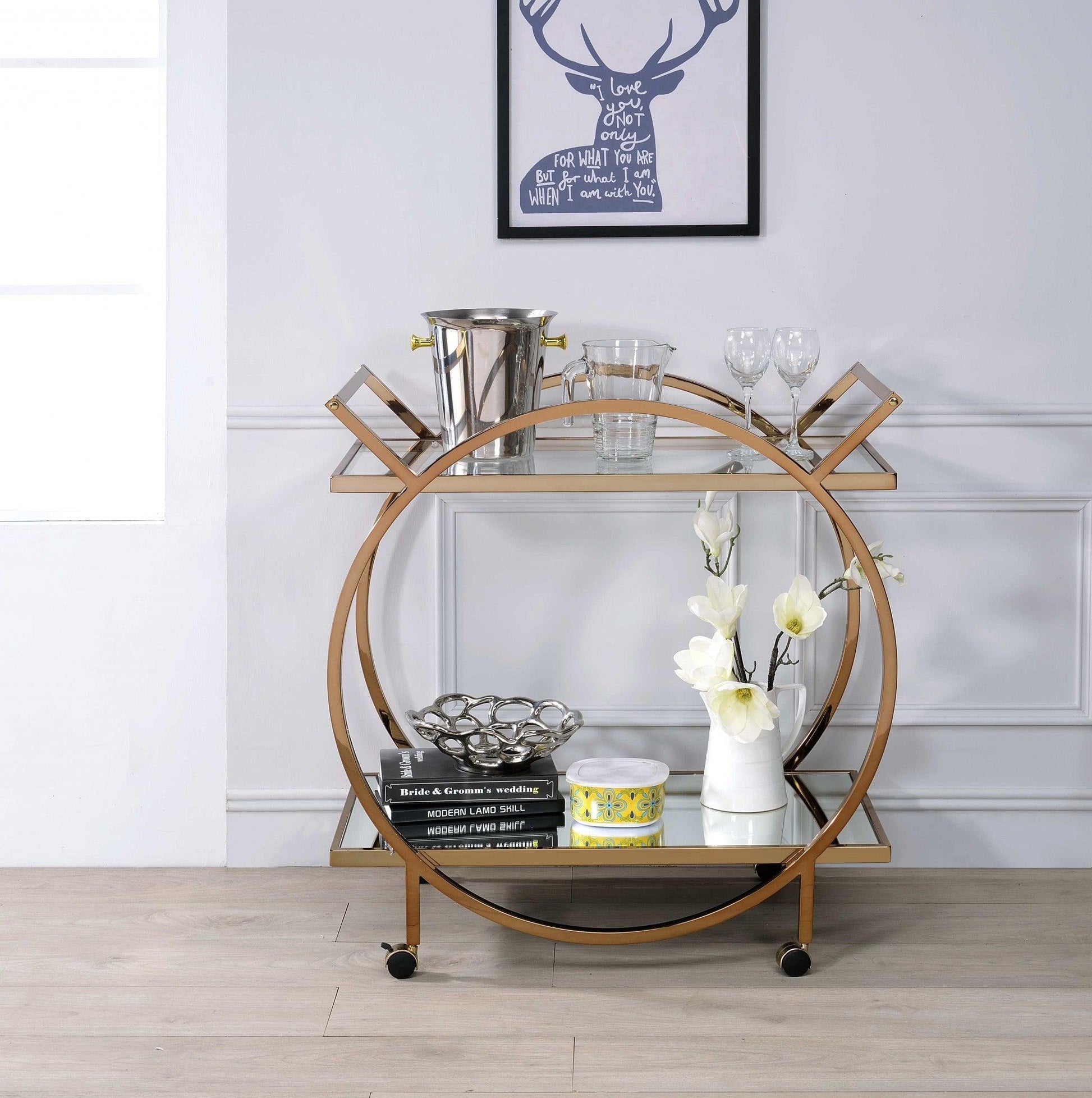 33" X 19" X 35" Champagne Metal Tube Serving Cart - AFS