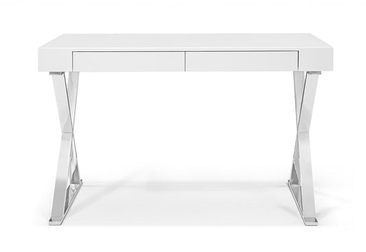 Desk Large High Gloss White Two Drawers Stainless Steel Base - AFS