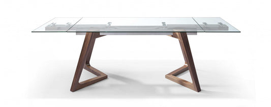 63 X 35 X 30 Walnut Glass Stainless Steel Extendable Dining Table - AFS