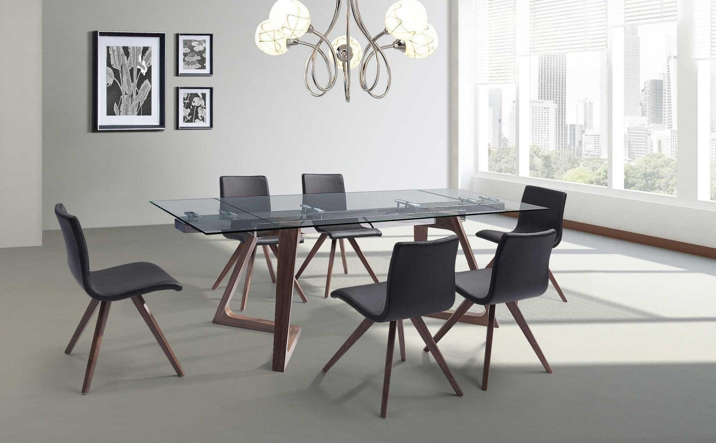 63 X 35 X 30 Walnut Glass Stainless Steel Extendable Dining Table - AFS