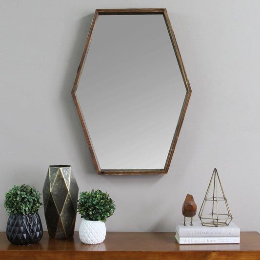 Dark Wood Hexagonal Frame Wall Mirror - AFS