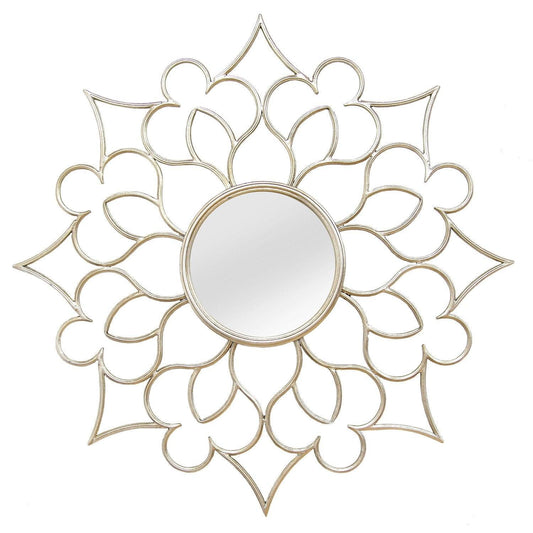 7 Round Silver Quatrefoil Metal Framed Wall Mirror - AFS