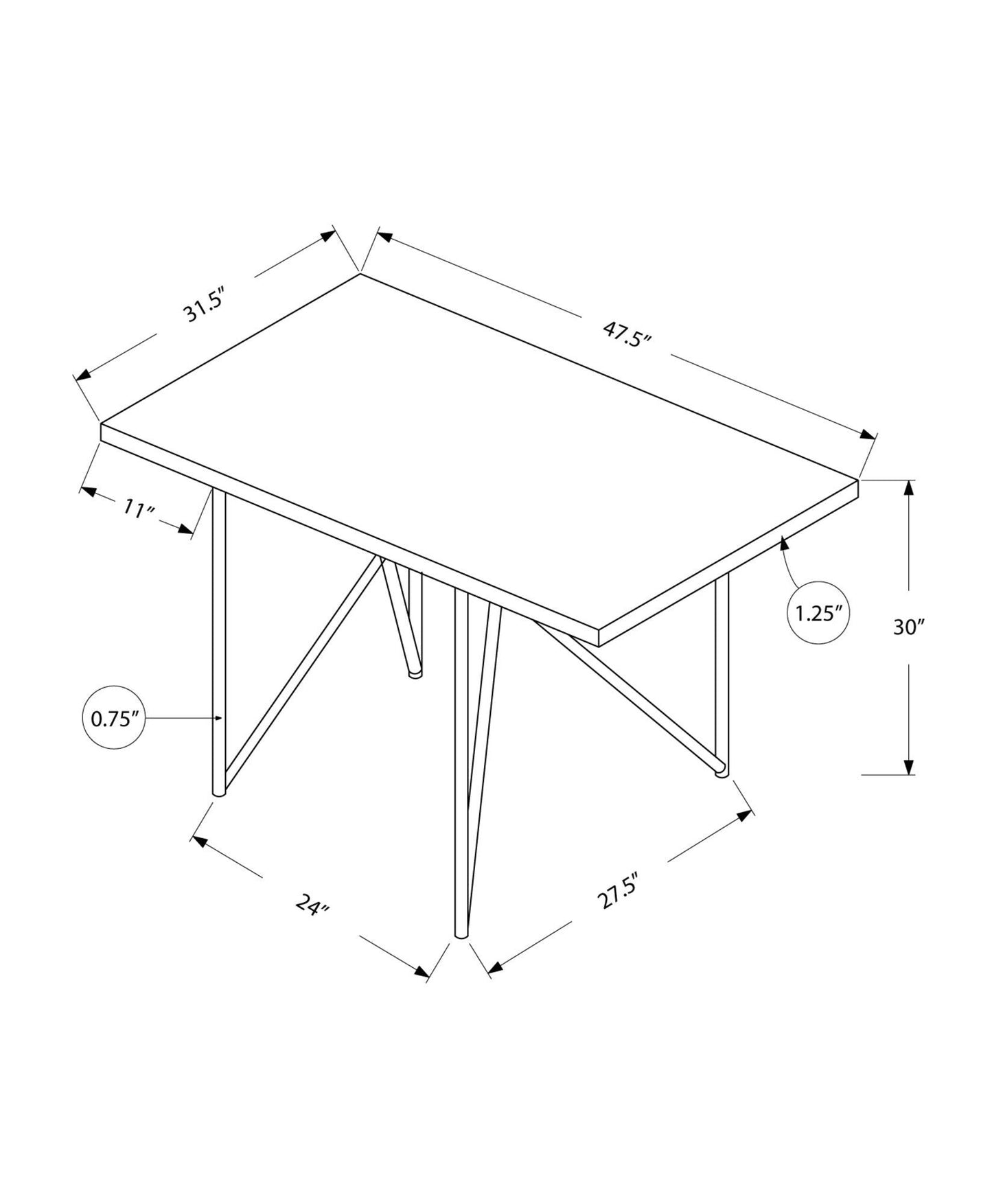 31.5" x 47.5" x 30" Cappuccino Hollow Core Particle Board Metal Dining Table - AFS