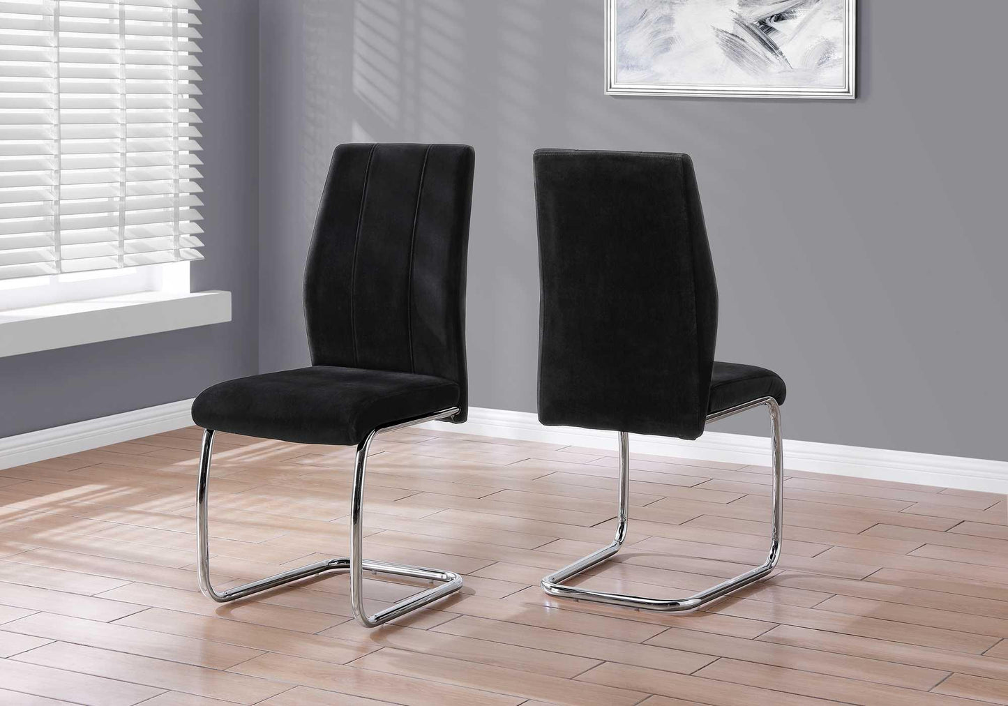 Two 77.5" Dark Grey Velvet Chrome Metal and Foam Dining Chairs - AFS