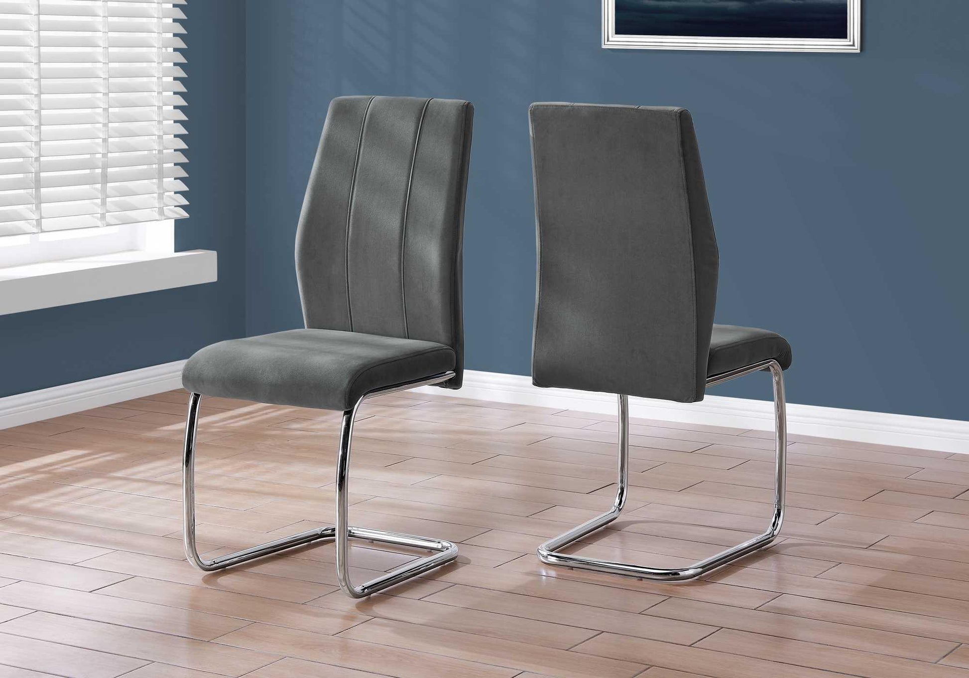 Two 77.5" Dark Grey Velvet Chrome Metal and Foam Dining Chairs - AFS