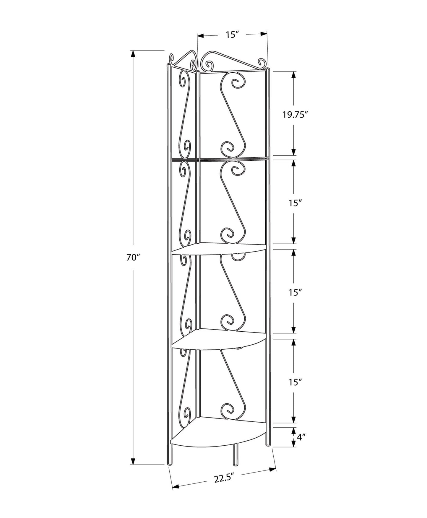 15" x 22.5" x 70" Brown Metal Corner Shelf Bookcase - AFS