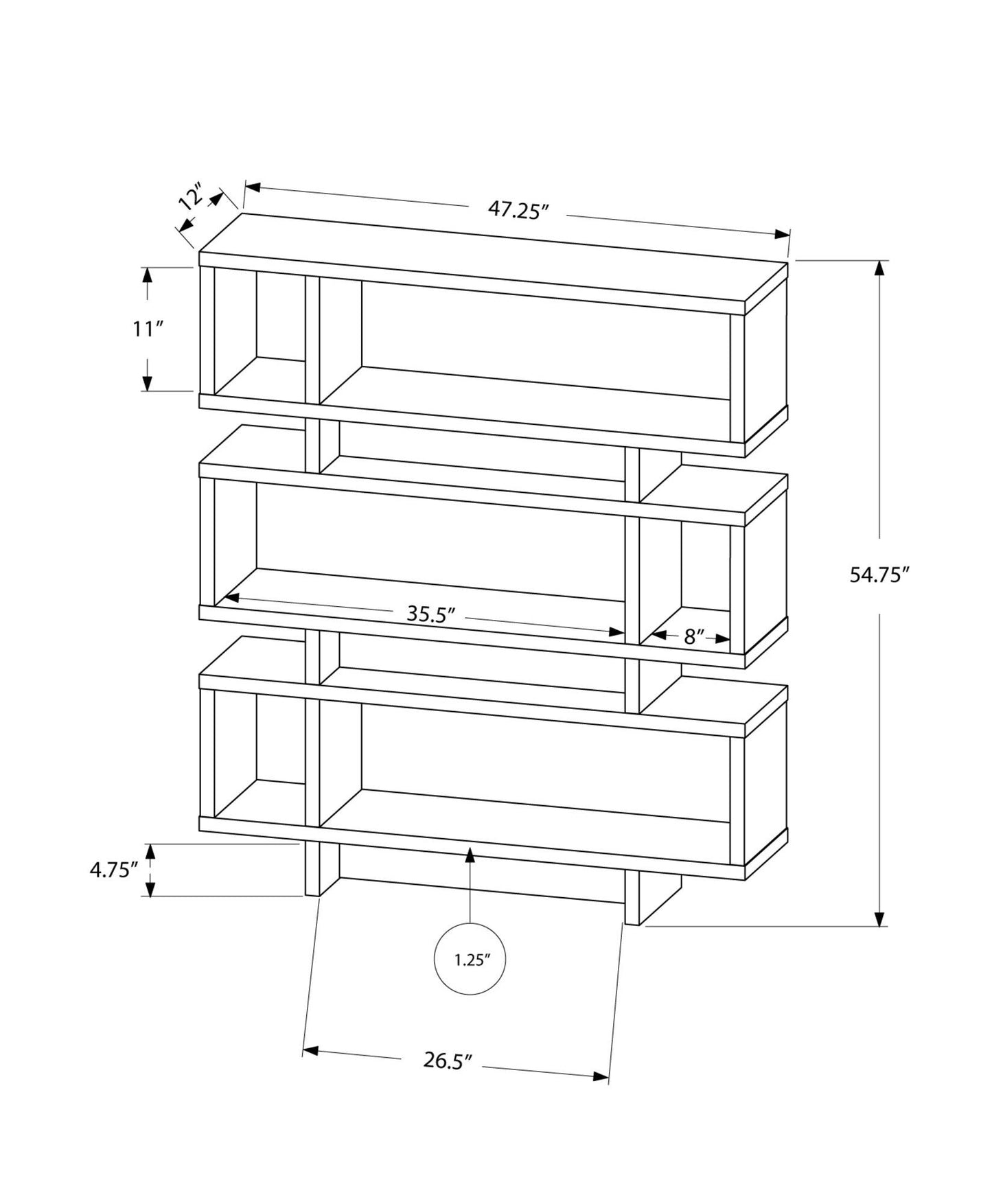 12" x 47.25" x 54.75" Grey White Particle Board Hollow Core Bookcase - AFS