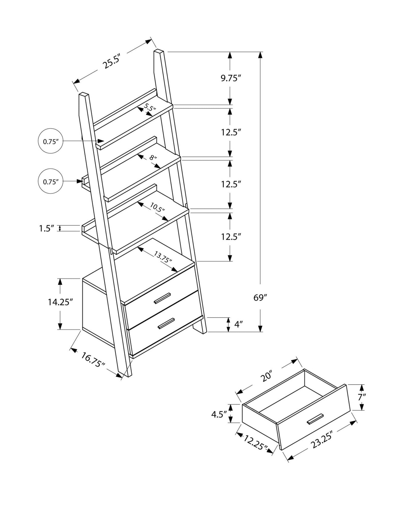 Dark Taupe Hollow Core Bookcase with 2 Storage Drawers - AFS