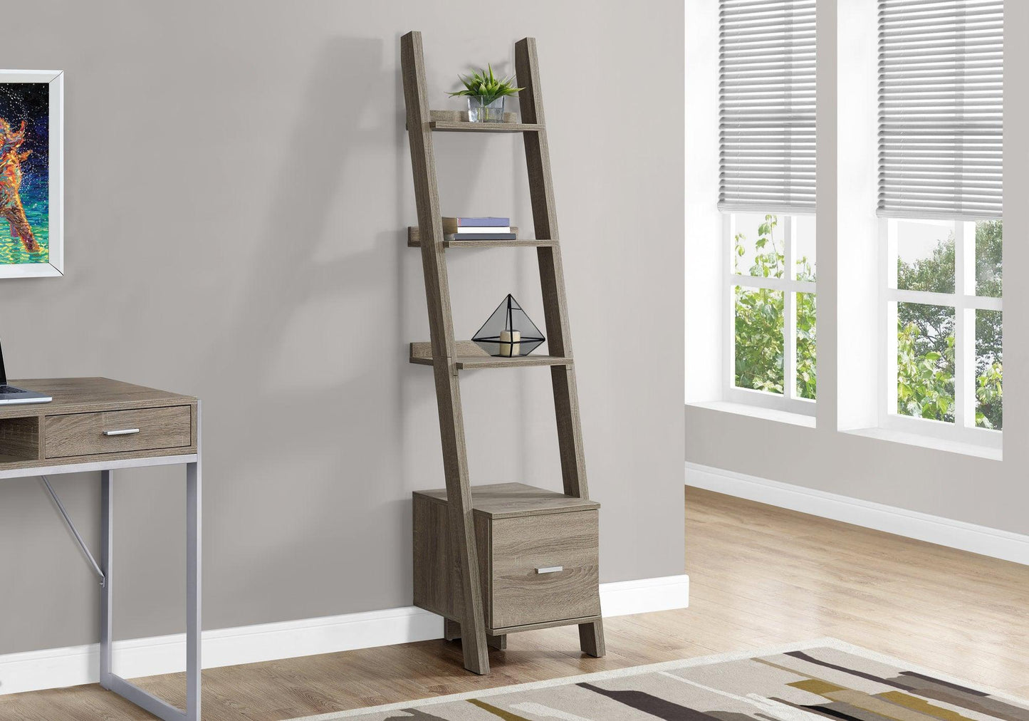 69" Dark Taupe Particle Board Ladder Bookcase with a Storage Drawer - AFS