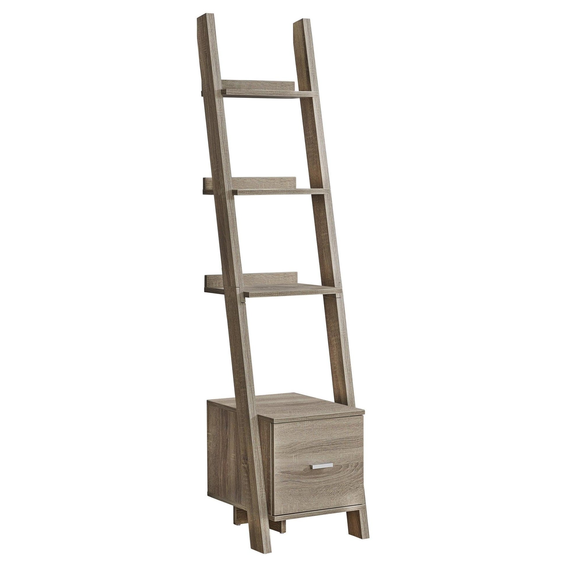 69" Dark Taupe Particle Board Ladder Bookcase with a Storage Drawer - AFS