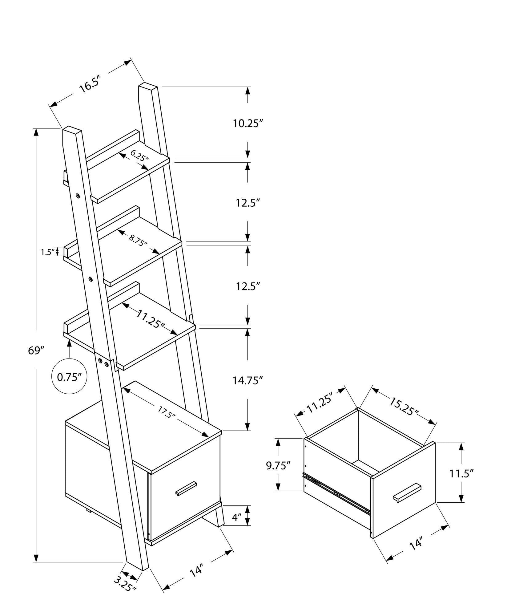 69" Dark Taupe Particle Board Ladder Bookcase with a Storage Drawer - AFS