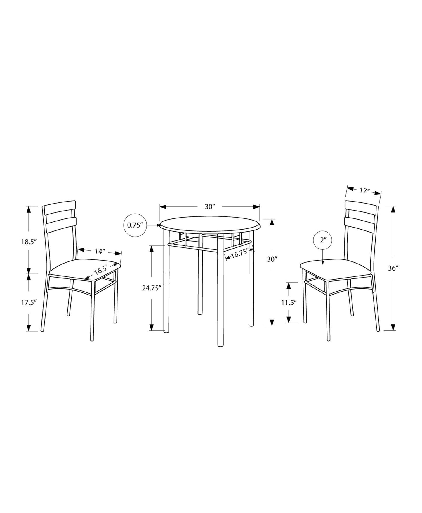 36" Black Microfiber Foam MDF and Silver Metal Three Pieces Dining Set - AFS