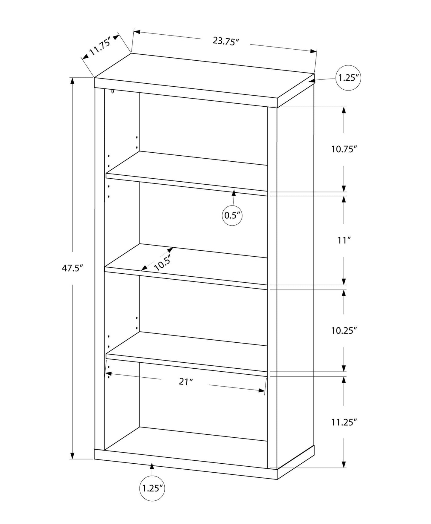 11.75" x 23.75" x 47.5" Cappuccino Particle Board Adjustable Shelves Bookshelf - AFS