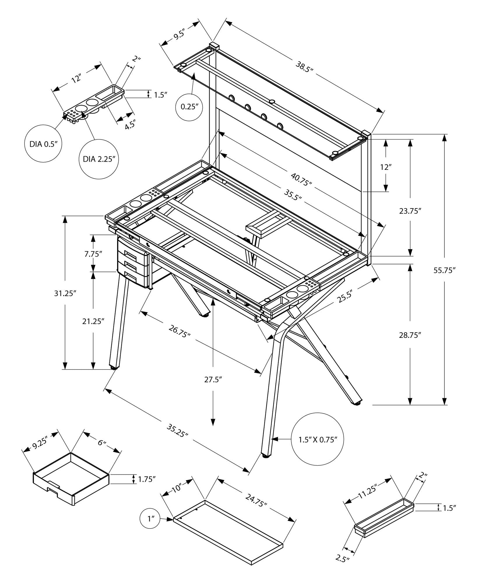 25.5" x 40.75" x 55.75" Grey Clear Metal Glass Plastic Tempered Glass Drafting Table Adjustable - AFS