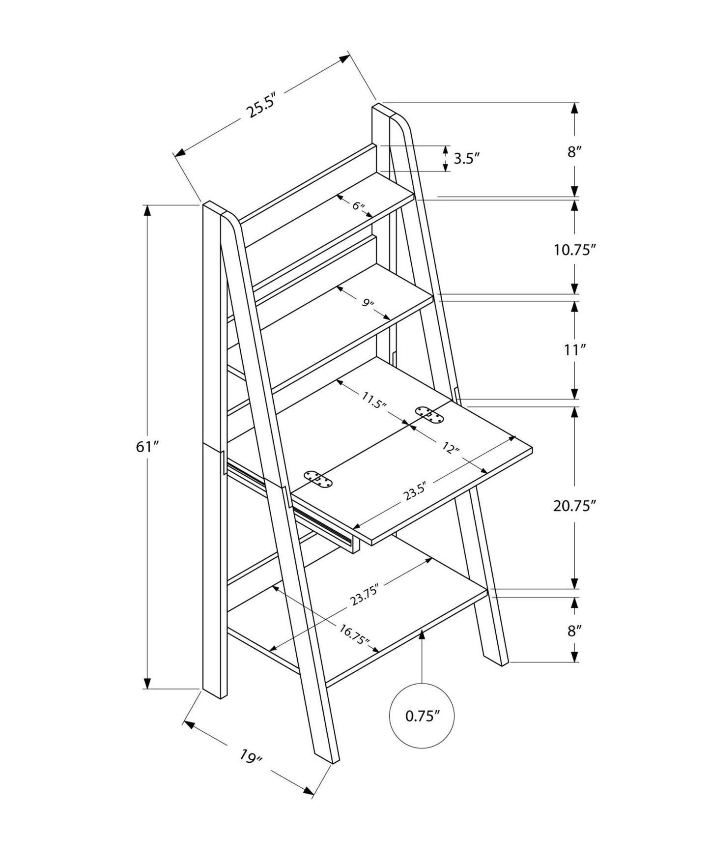 19" x 25.5" x 61" White Ladder Style Computer Desk - AFS