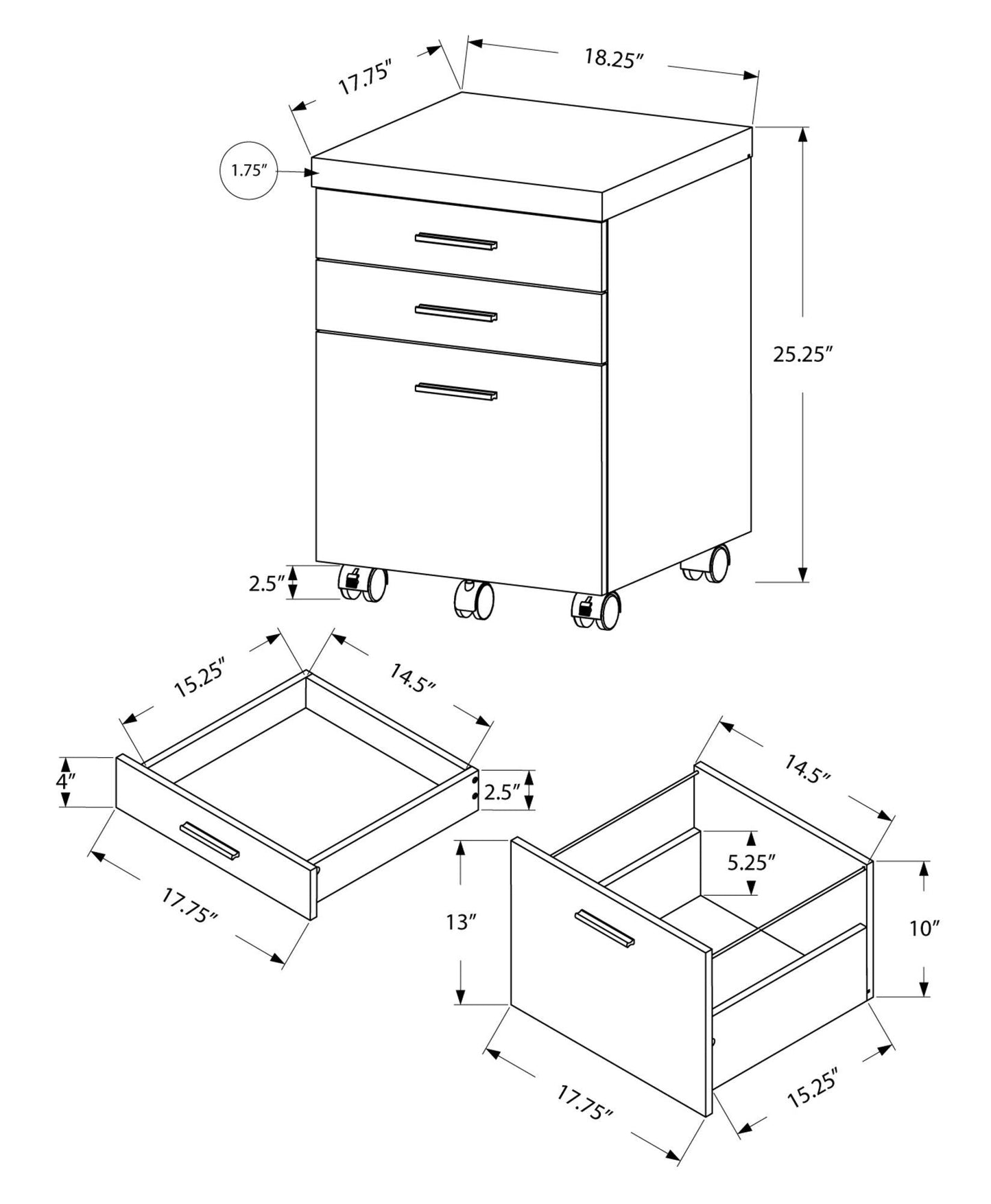 17.75" x 18.25" x 25.25" Dark Taupe Black Particle Board 3 Drawers Filing Cabinet - AFS