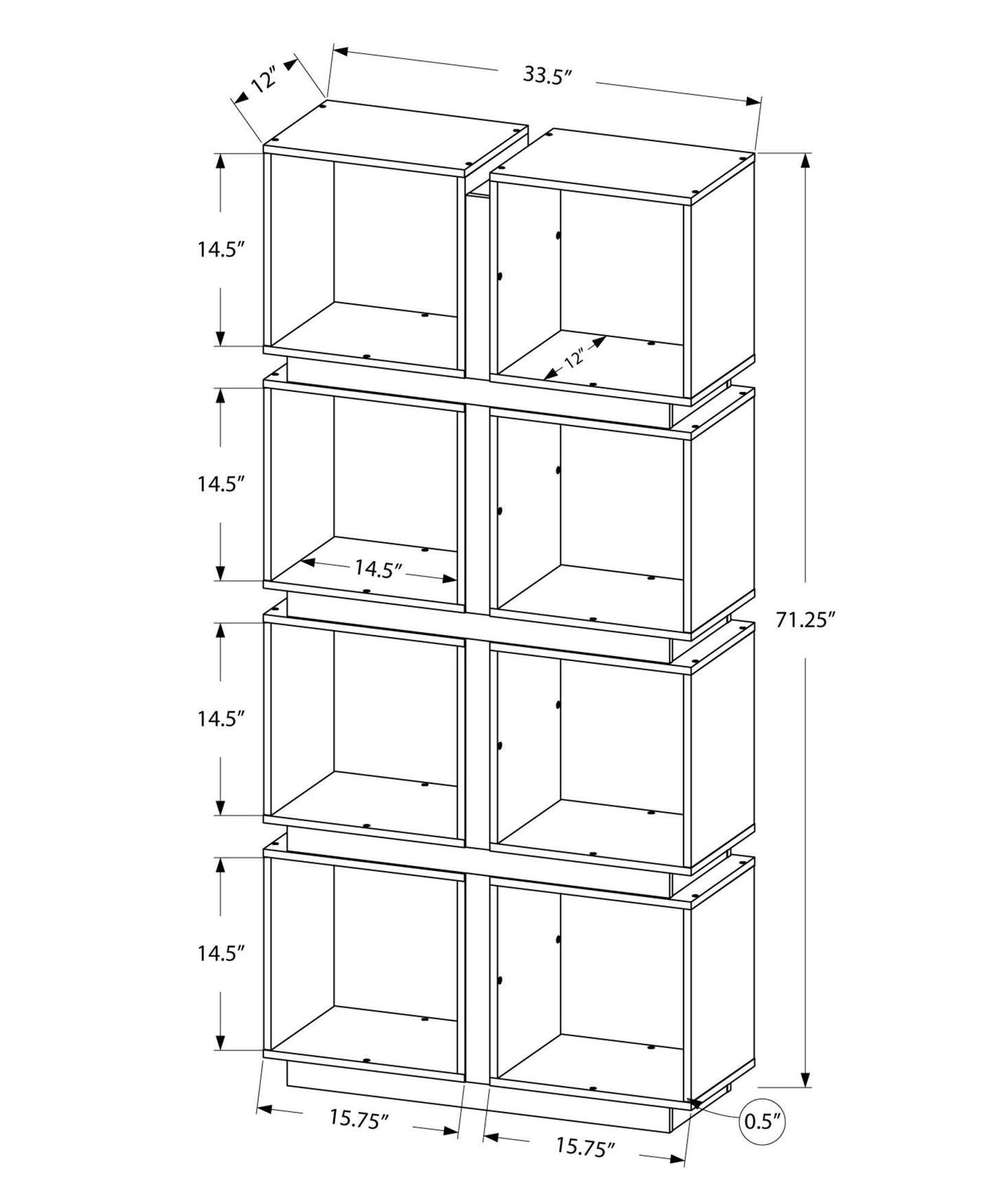 12" x 33.5" x 71.25" White Grey Particle Board Hollow Core Bookcase With A Hollow Core - AFS