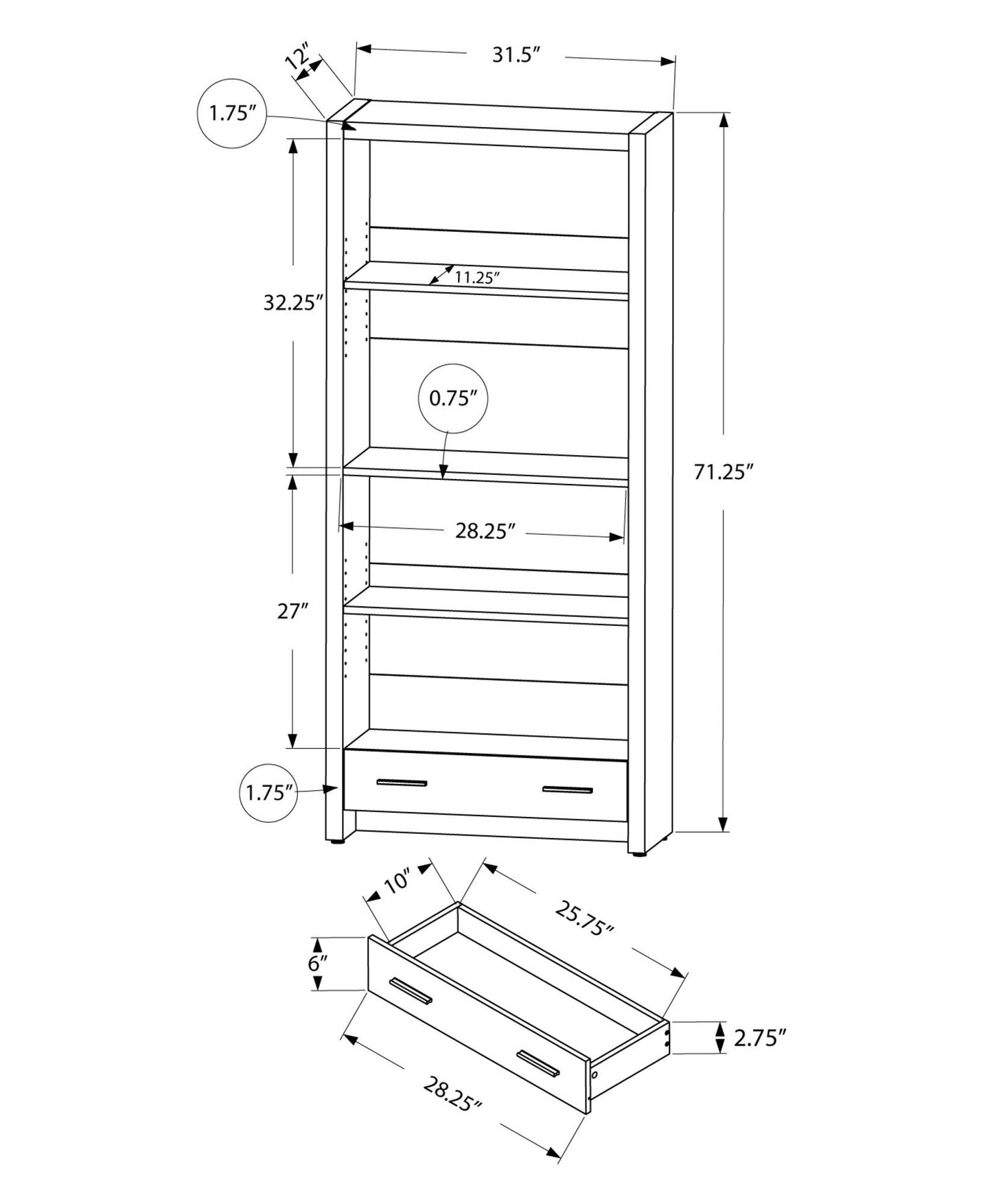 12" x 31.5" x 71.25" Dark Taupe Particle Board Hollow Core Bookcase With A Storage Drawer - AFS