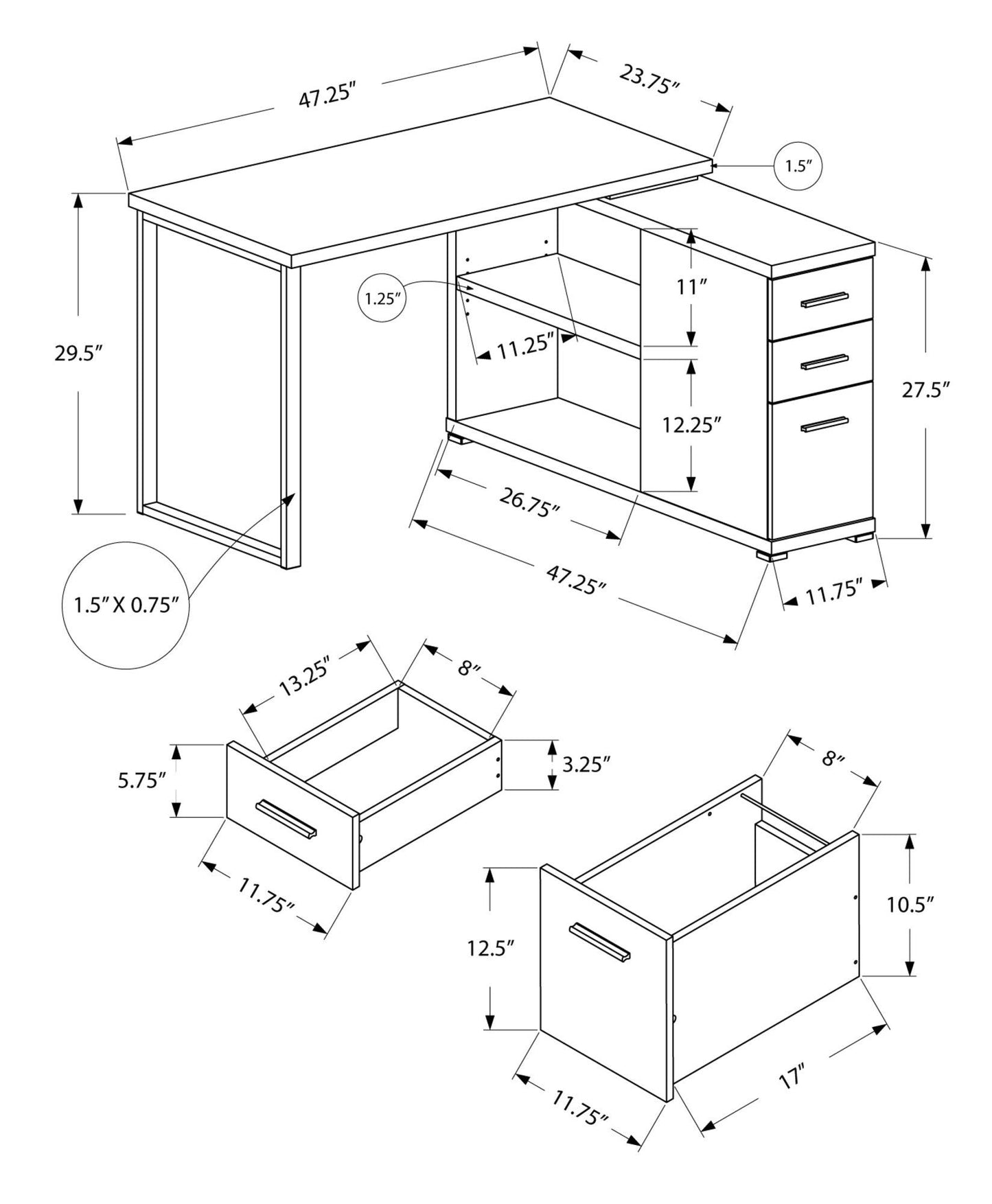 47.25" x 47.25" x 29.5" Black Grey Particle Board Hollow Core Metal Computer Desk With A Grey Top - AFS