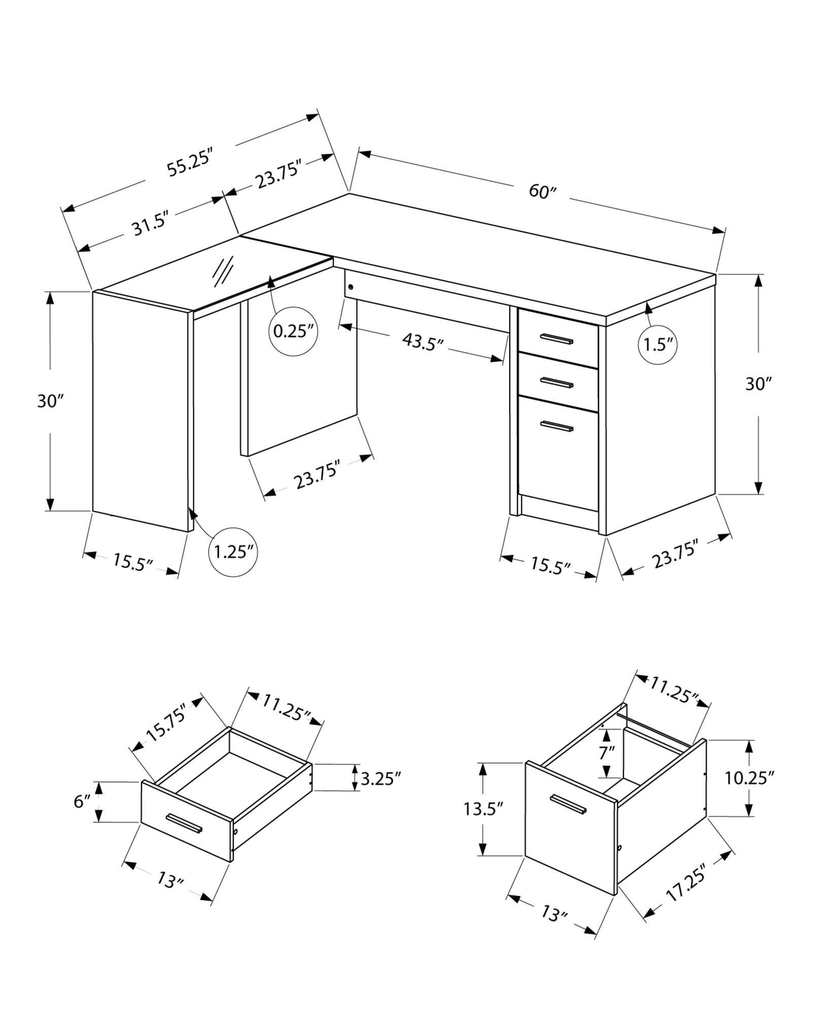 55.25" x 60" x 30" White Clear Particle Board Glass Hollow Core Computer Desk - AFS