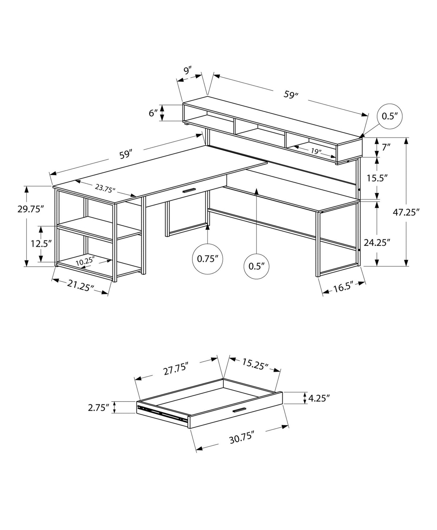 59" x 59" x 47.25" Grey Black Metal Corner Computer Desk - AFS