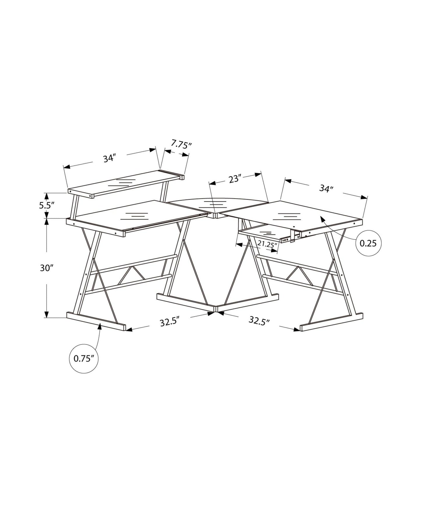 23" x 57" x 36" Black Metal Corner with Tempered Glass - Computer Desk - AFS