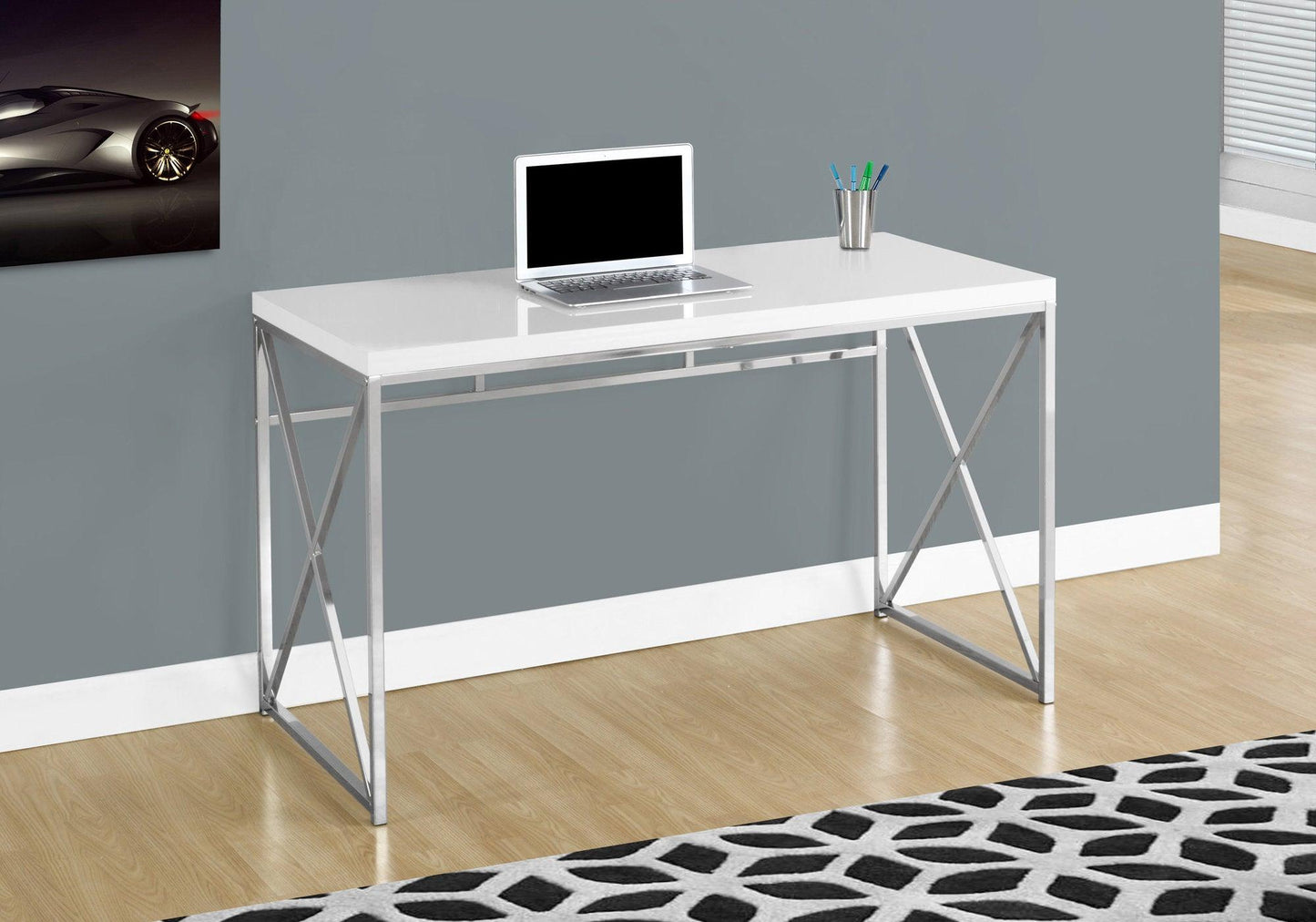 29.75" Glossy White Particle Board and Chrome Metal Computer Desk - AFS