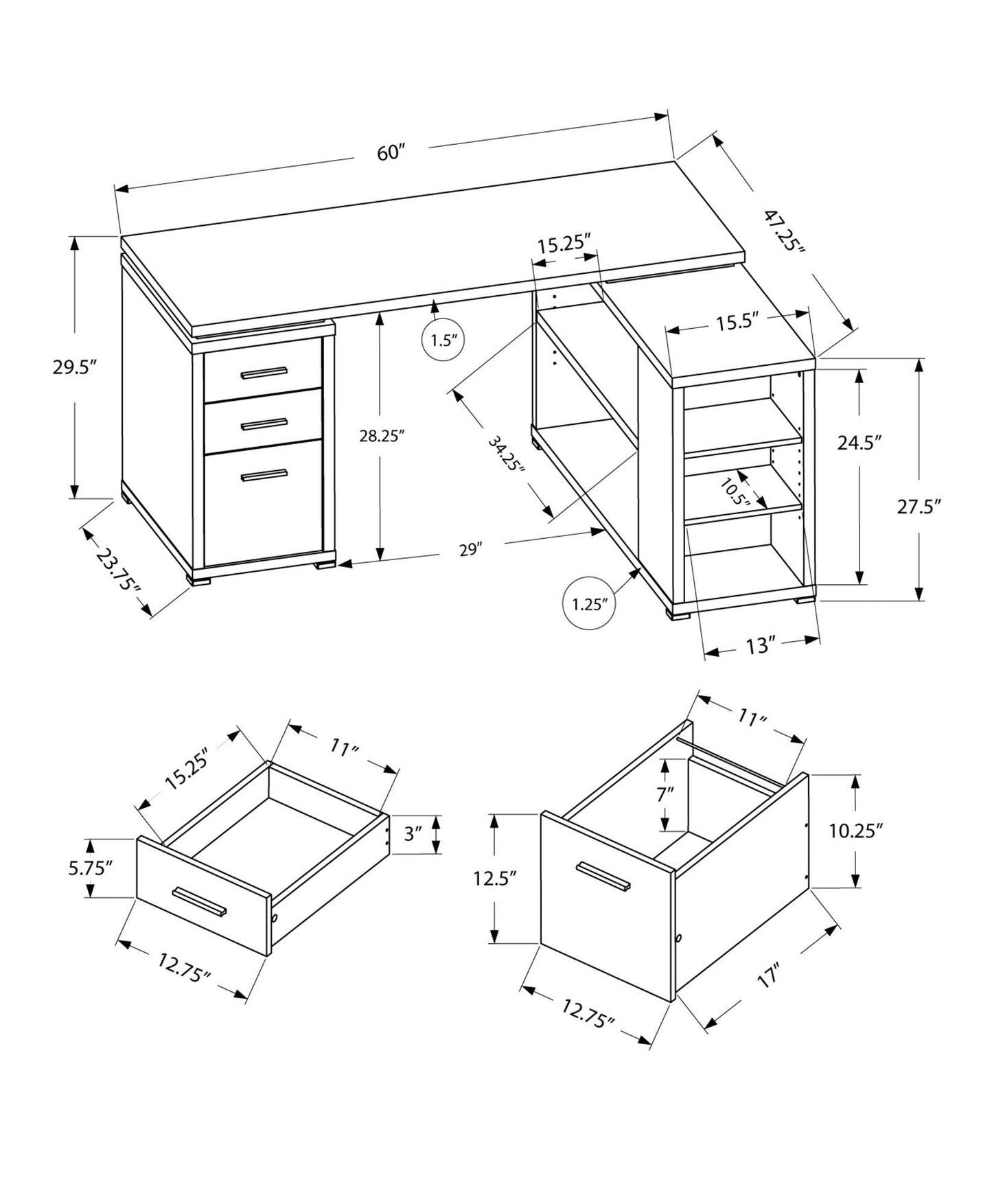 47.25" x 60" x 29" Cappuccino Particle Board Hollow Core Computer Desk - AFS