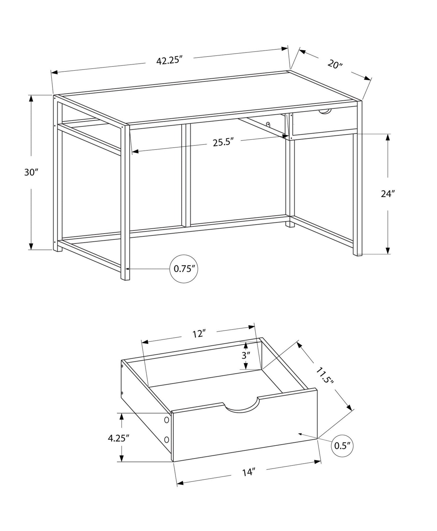 20" x 42.25" x 30" White Silver Mdf Metal Computer Desk - AFS