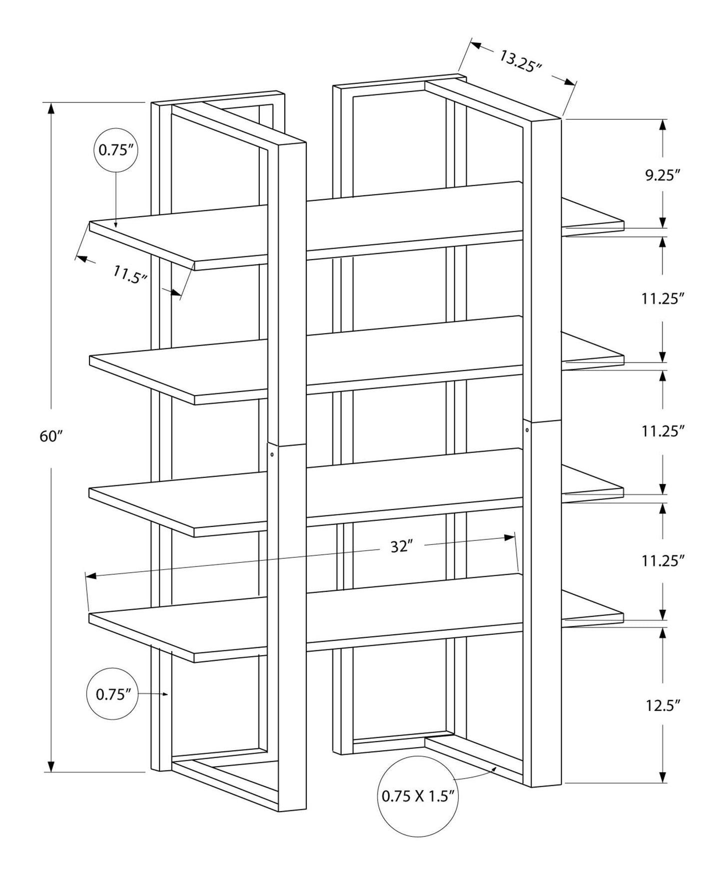 13.25" x 32" x 60" Cappuccino Silver Mdf Metal Bookshelf - AFS