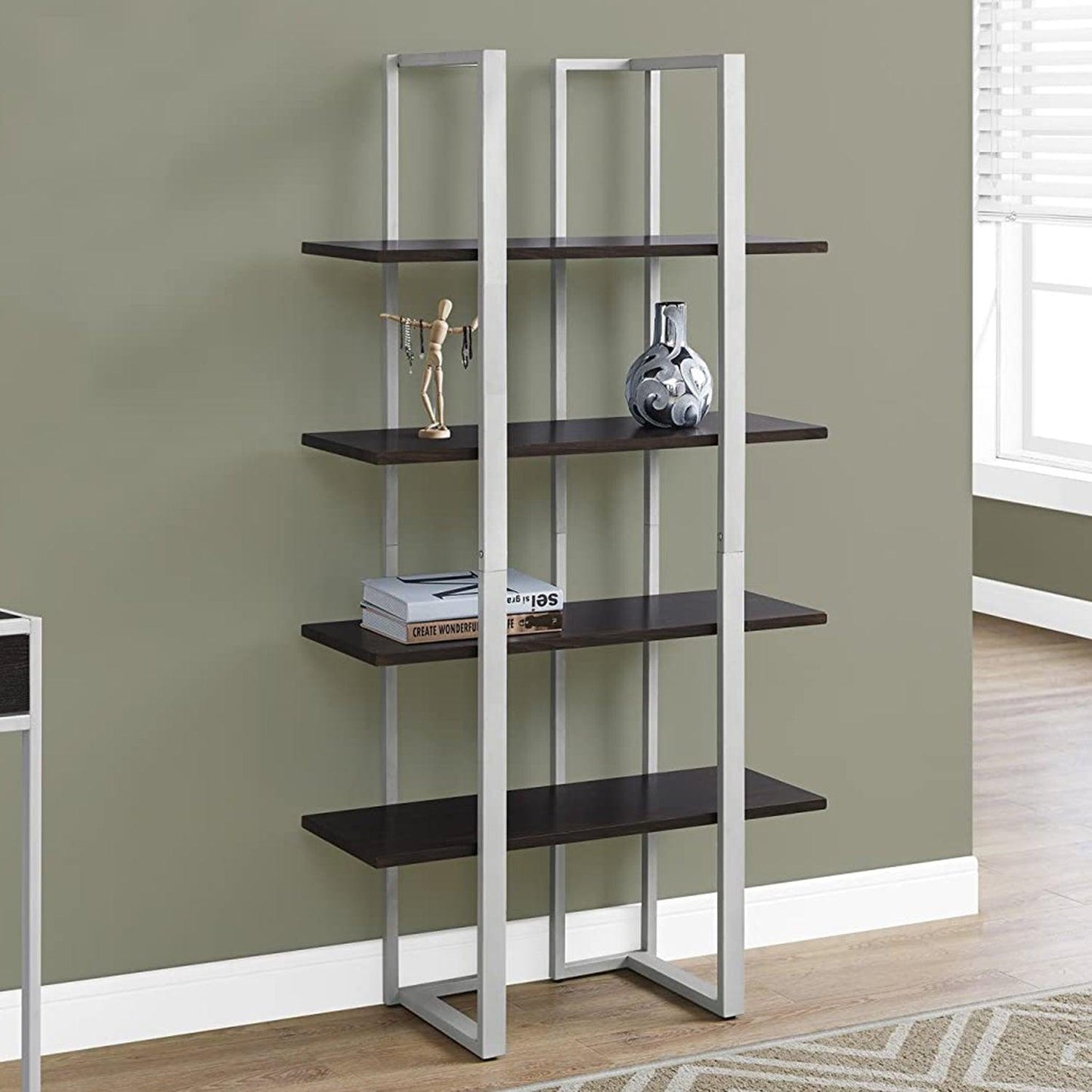 13.25" x 32" x 60" Cappuccino Silver Mdf Metal Bookshelf - AFS