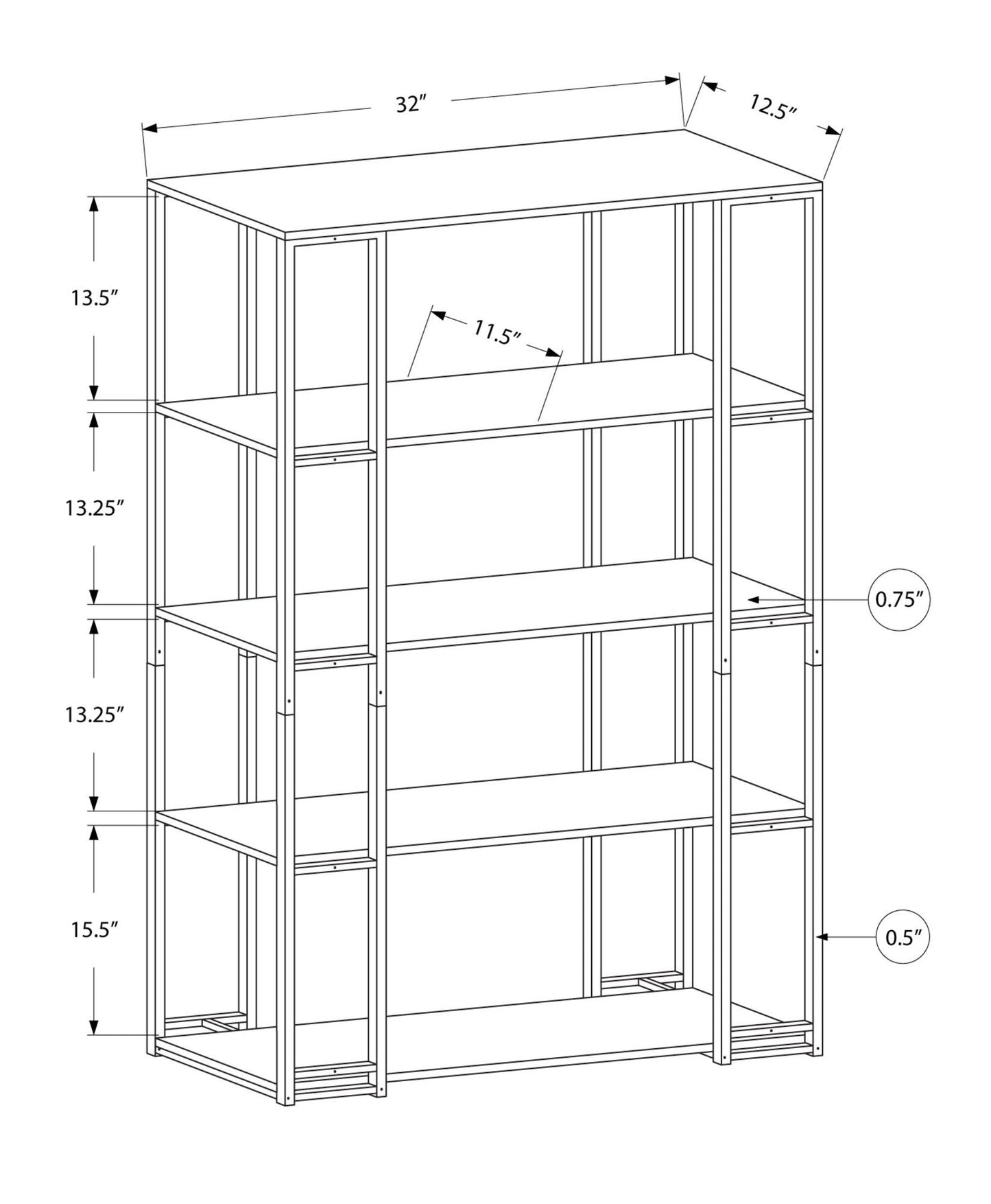 12.5" x 32" x 62" Dark Taupe Black Mdf Metal Bookcase - AFS