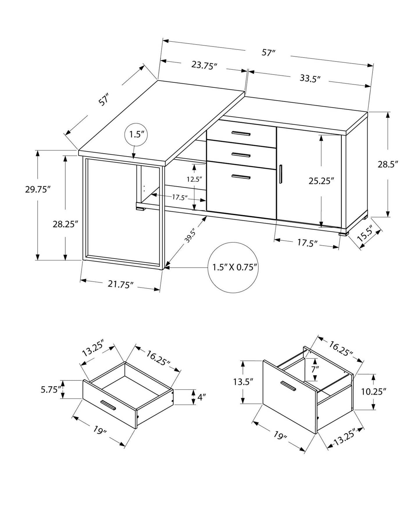 57" x 57" x 29.75" Dark Taupe Silver Particle Board Hollow Core Metal Computer Desk - AFS