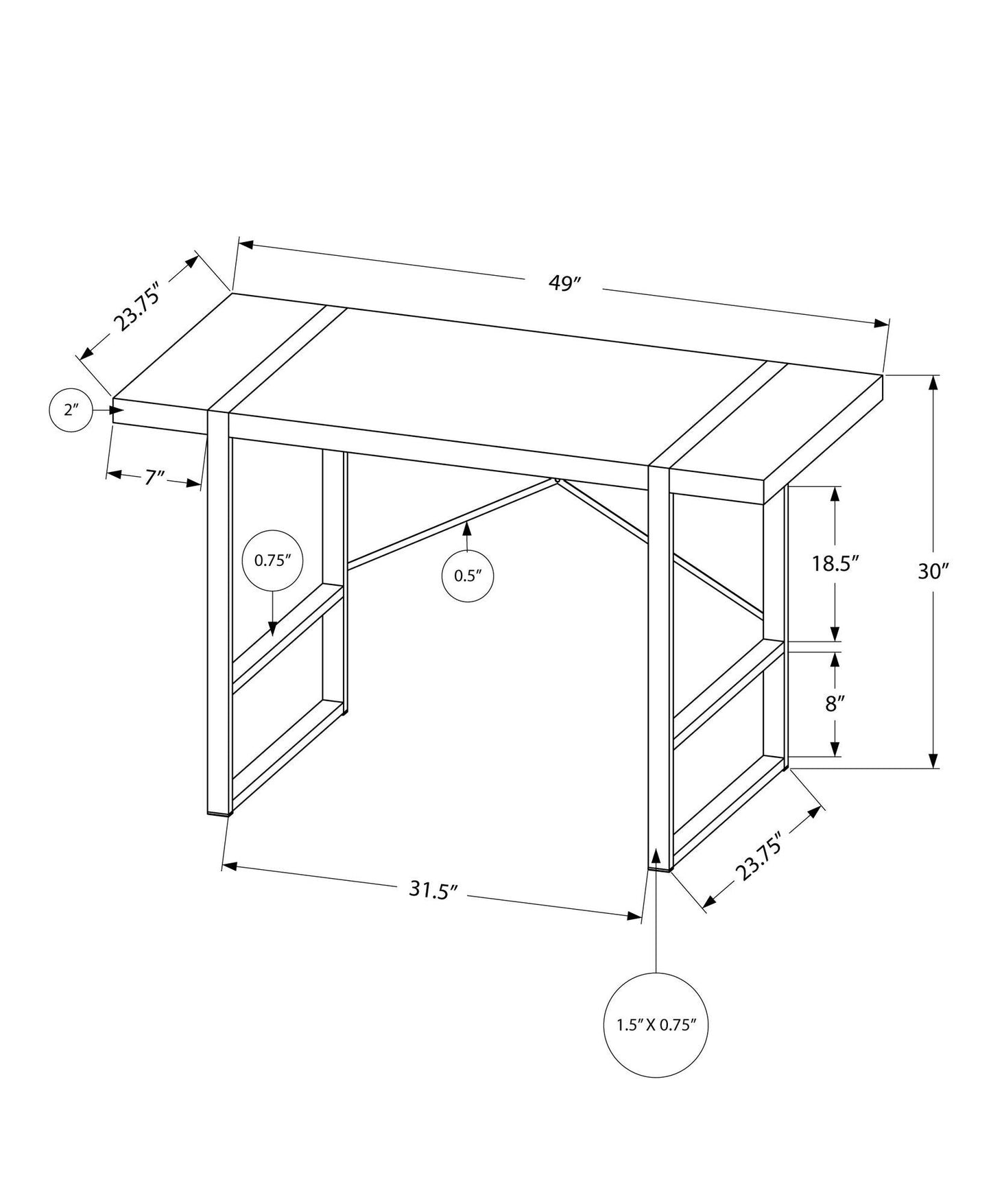 23.75" x 49" x 30" White Black Particle Board Hollow Core Metal Computer Desk - AFS