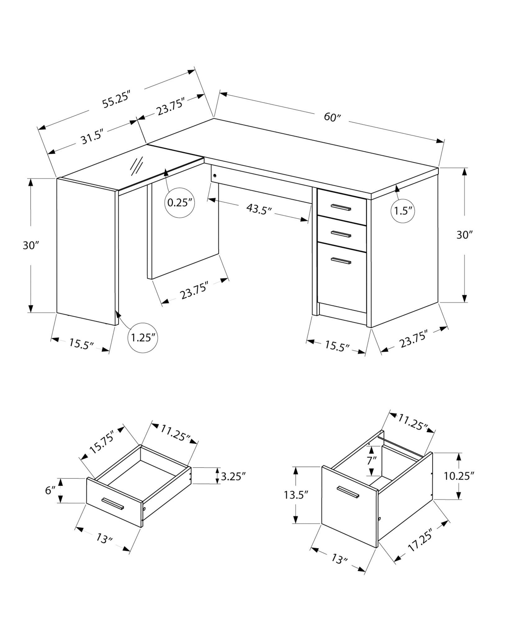 55.25" x 60" x 30" White Clear Particle Board Glass Hollow Core Computer Desk - AFS