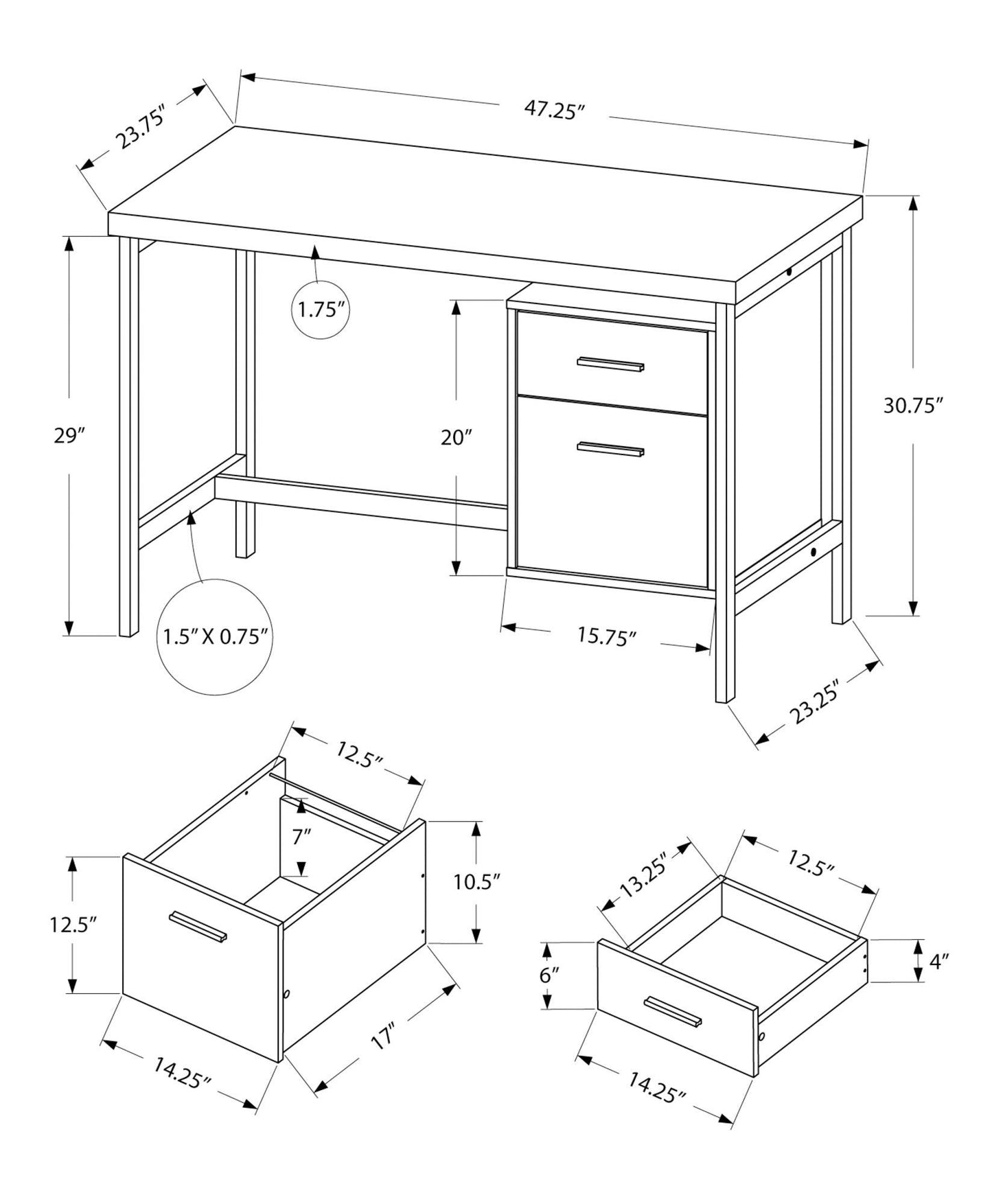 23.75" x 47.25" x 30.75" White Silver Particle Board Hollow Core Metal Computer Desk - AFS