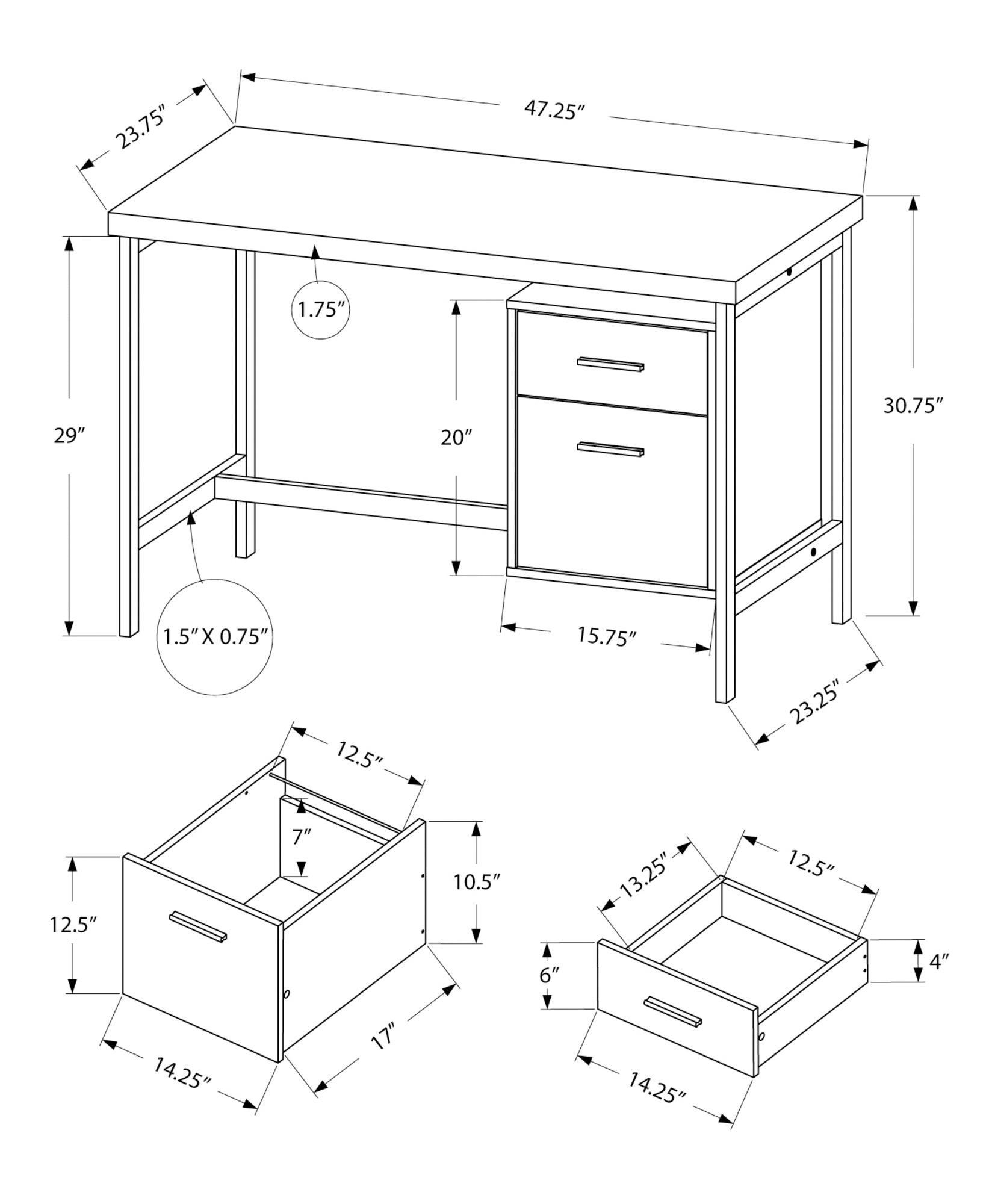 23.75" x 47.25" x 30.75" White Silver Particle Board Hollow Core Metal Computer Desk - AFS