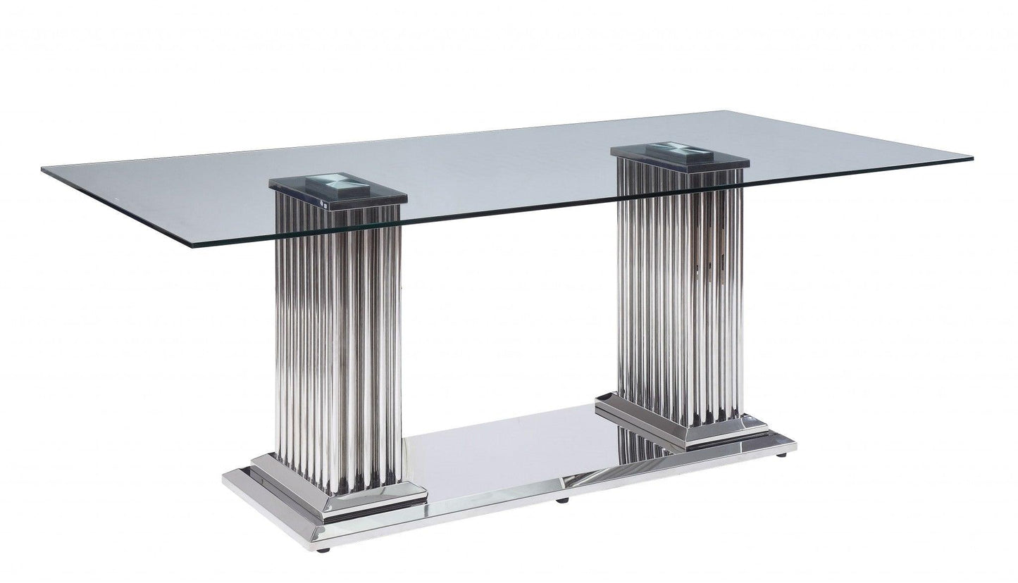 39" X 79" X 30" Stainless Steel Clear Glass Mirror Dining Table wDouble Pedestal - AFS