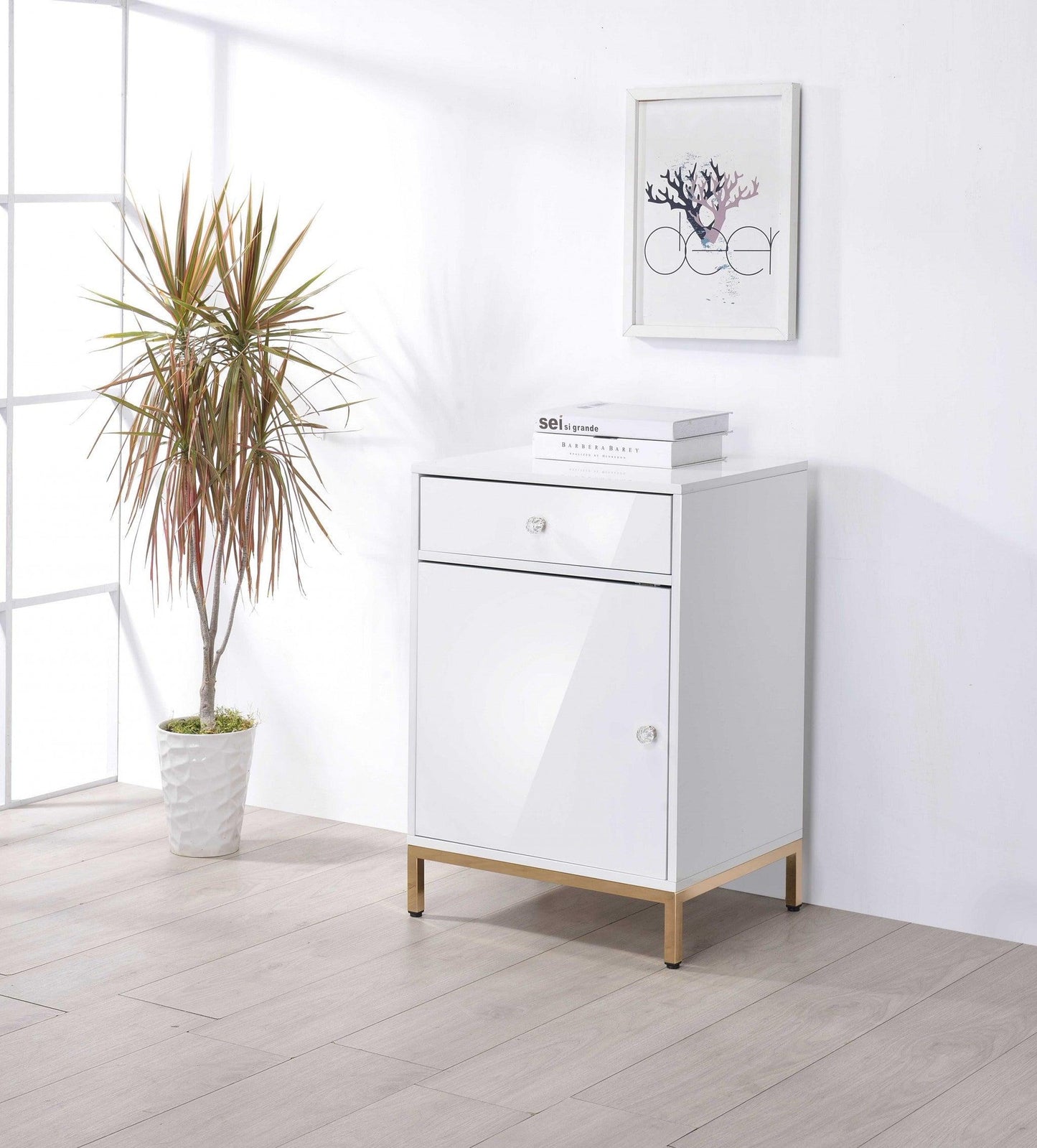 16" X 20" X 30" White High Gloss Gold Metal Wood Cabinet - AFS