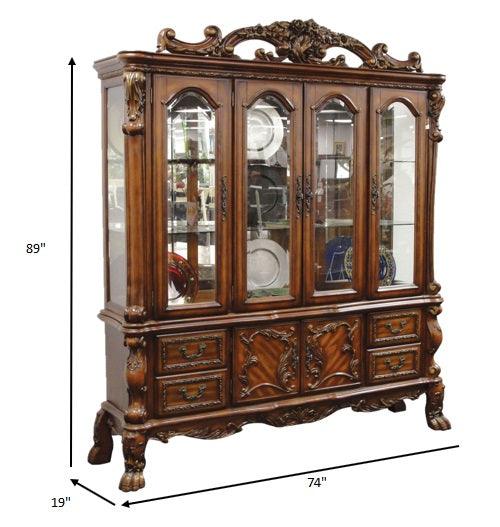 19" X 74" X 89" Cherry Oak Wood Poly Resin Glass Hutch Buffet - AFS