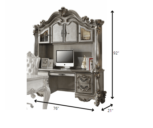 21" X 76" X 92" Antique Platinum Wood Poly Resin Glass Computer Desk & Hutch - AFS