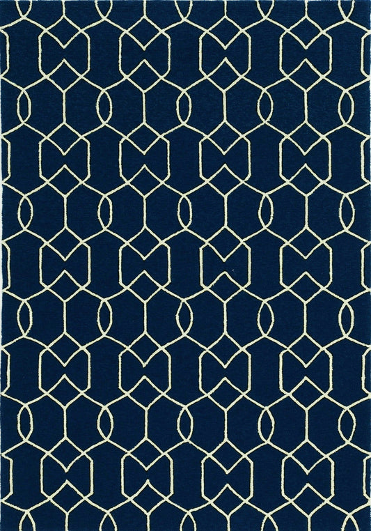 7'x10' Navy Blue Hand Hooked UV Treated Trellis Indoor Outdoor Area Rug - AFS