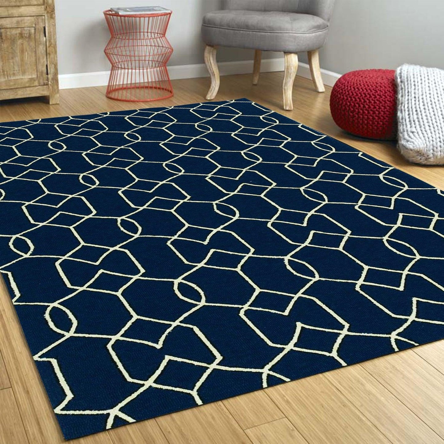 7'x10' Navy Blue Hand Hooked UV Treated Trellis Indoor Outdoor Area Rug - AFS