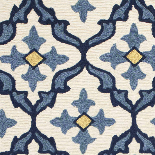 2'x3' Ivory Blue Hand Hooked UV Treated Quatrefoil Indoor Outdoor Accent Rug - AFS