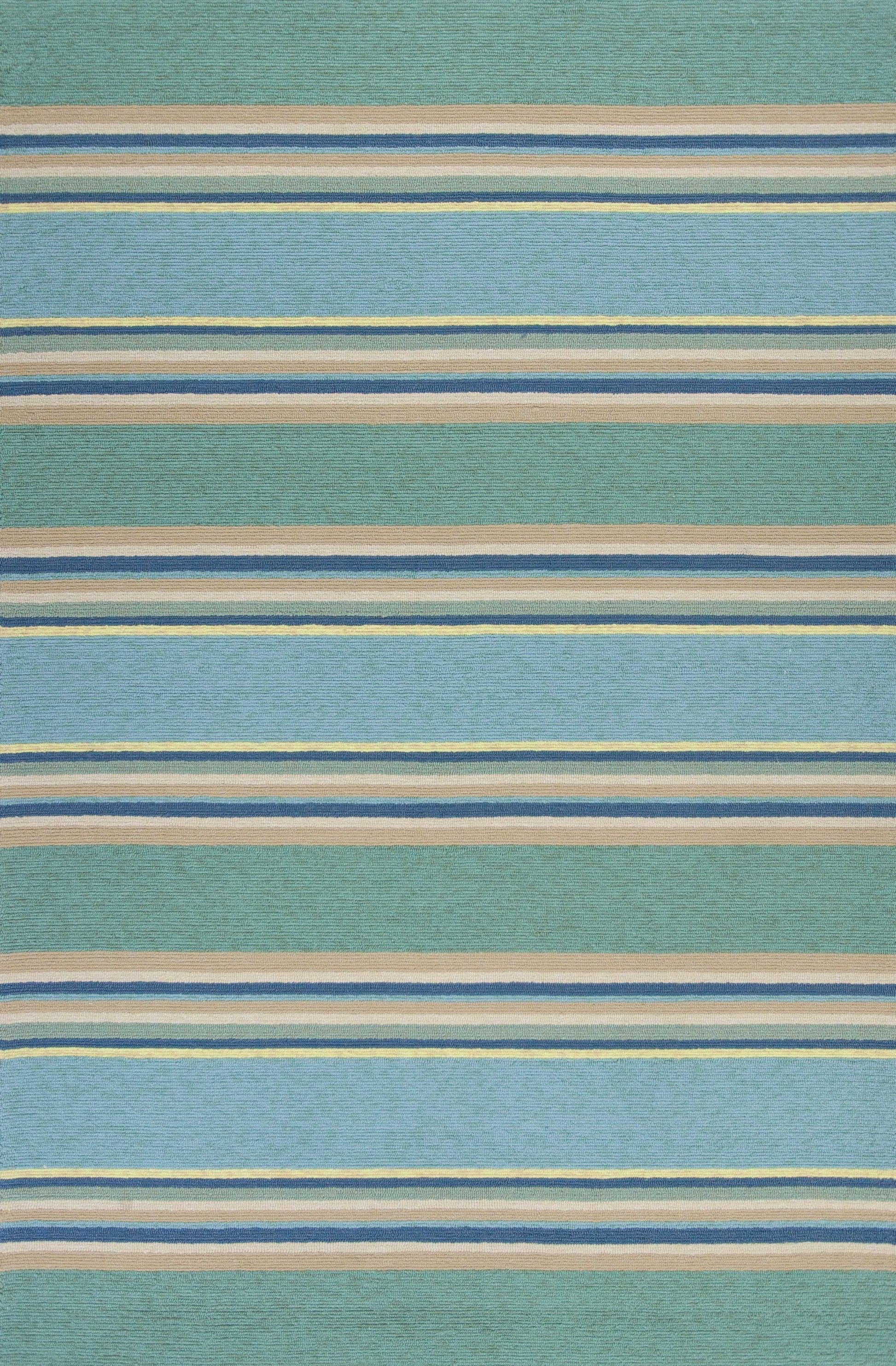 8'x10' Ocean Blue Hand Hooked UV Treated Awning Stripes Indoor Outdoor Area Rug - AFS