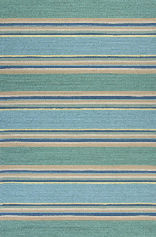 8'x10' Ocean Blue Hand Hooked UV Treated Awning Stripes Indoor Outdoor Area Rug - AFS