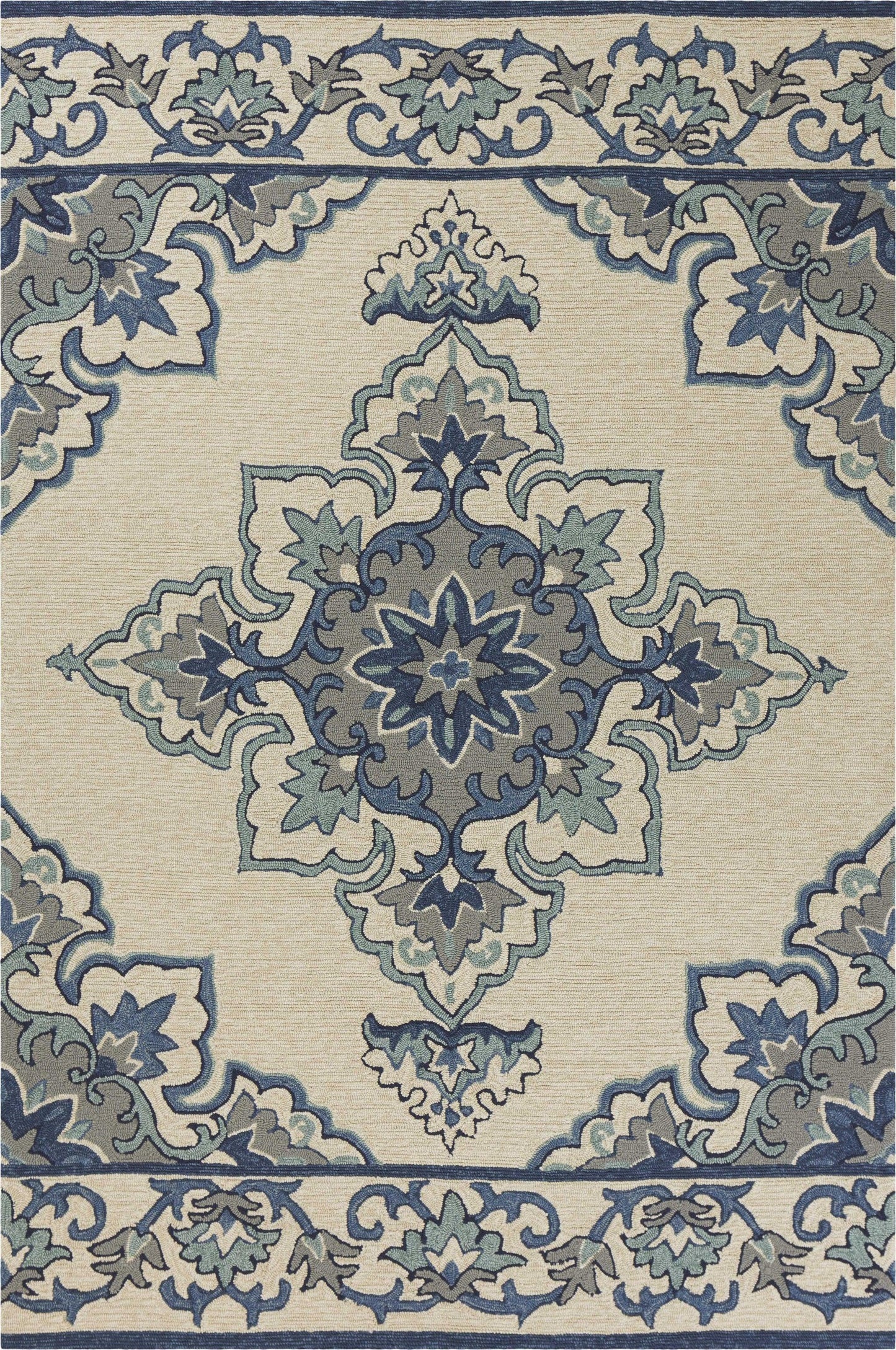 3'x5' Ivory Blue Hand Hooked Floral Medallion Indoor Outdoor Area Rug - AFS